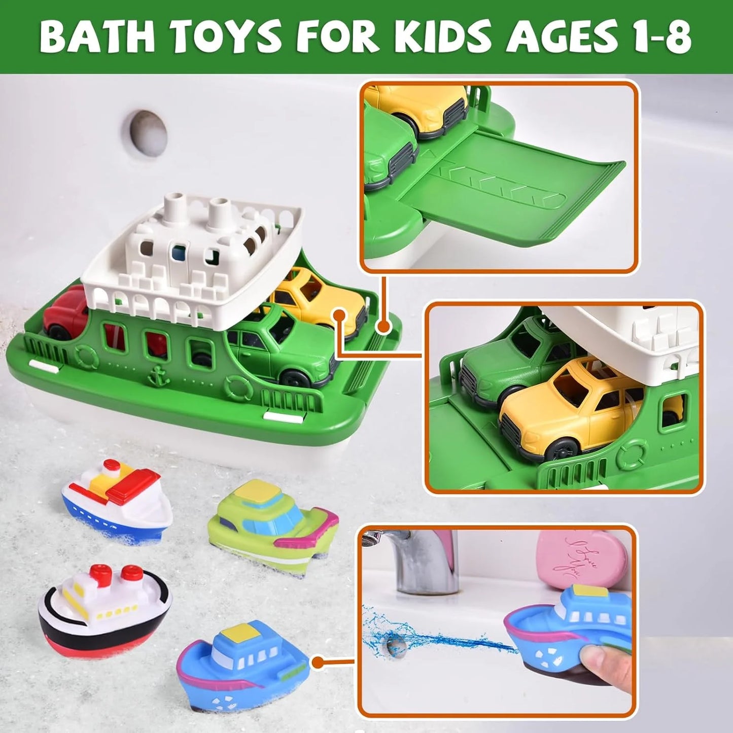 Ferry Bath Toy Set With 4 Mini Cars And Squirters