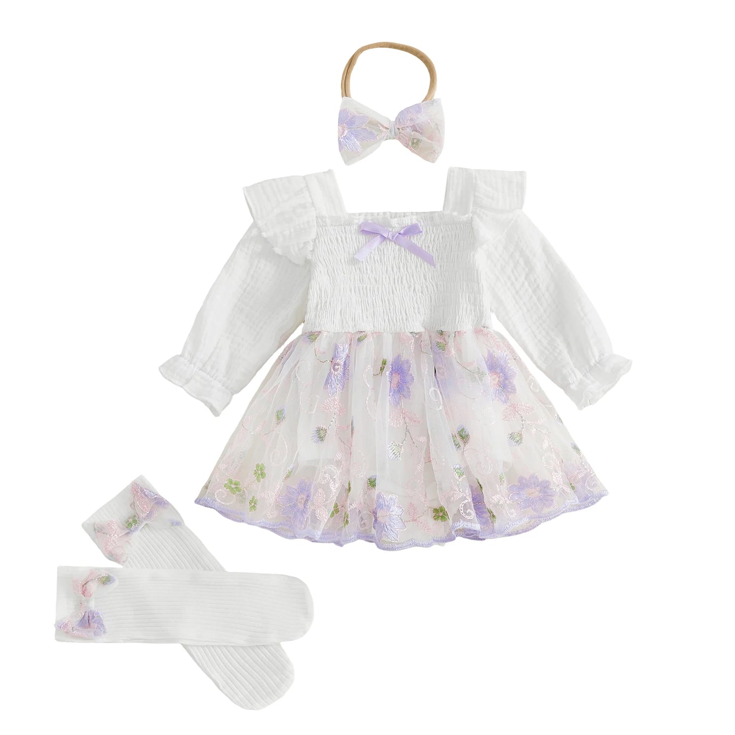 Infant Baby Girl Romper Dress With Floral Embroidery Set