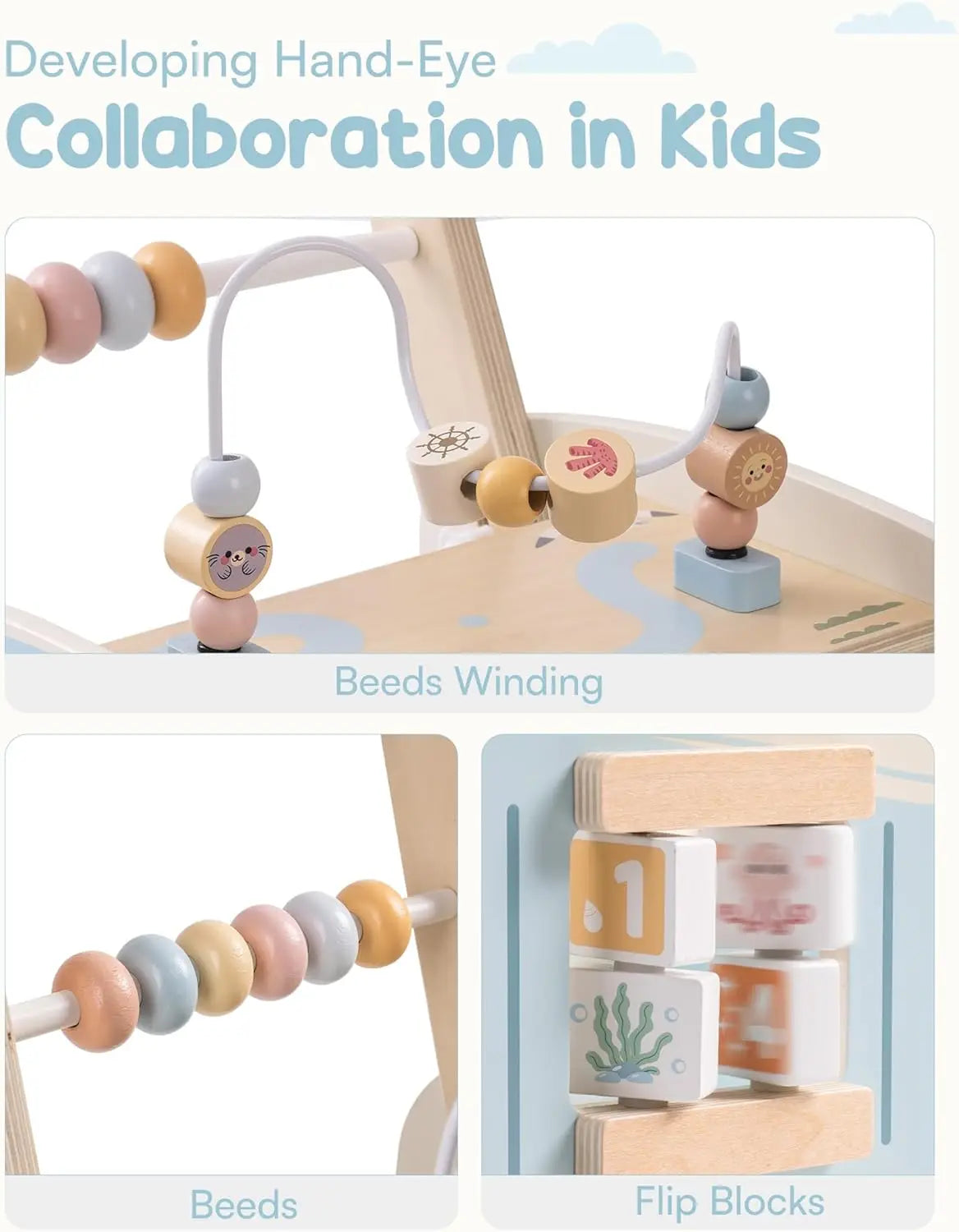 Rolife Wooden Baby Walker Push Along Activity Walker for Toddlers