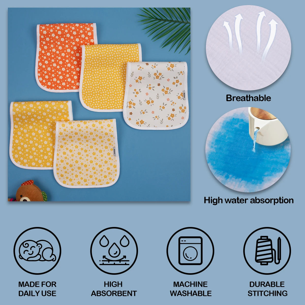 Muslin Baby Burp Cloths 5 Pack Newborns 100 Percent Cotton