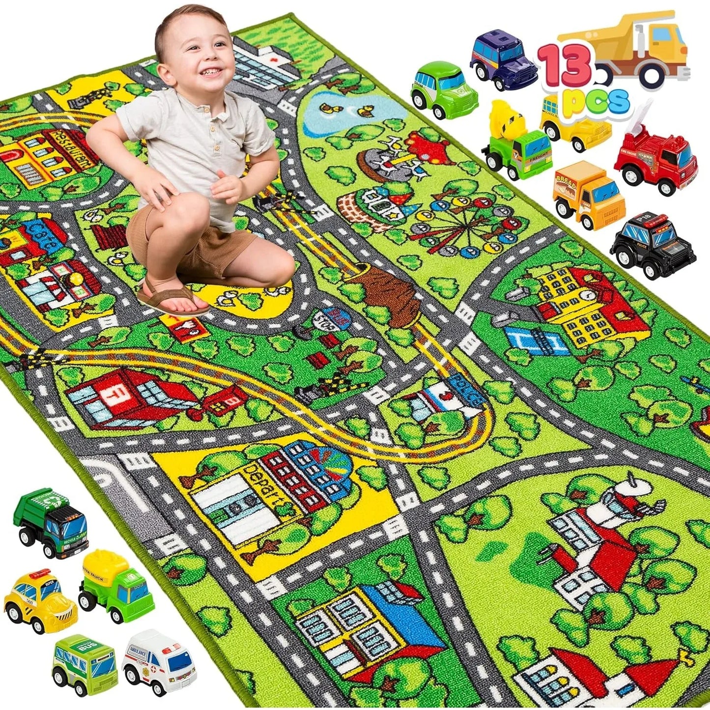 Joyfy Carpet Playmat With 12 Cars Pull Back Vehicle Set