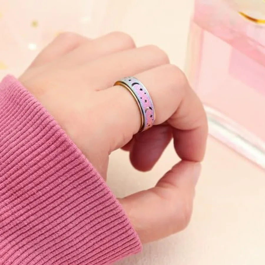 Anxiety Ring for Women Spinner Rings:Rotating Rings Stainless Steel 6mm Moon Star Anxiety for Men Band Jewelry Gift for Women S