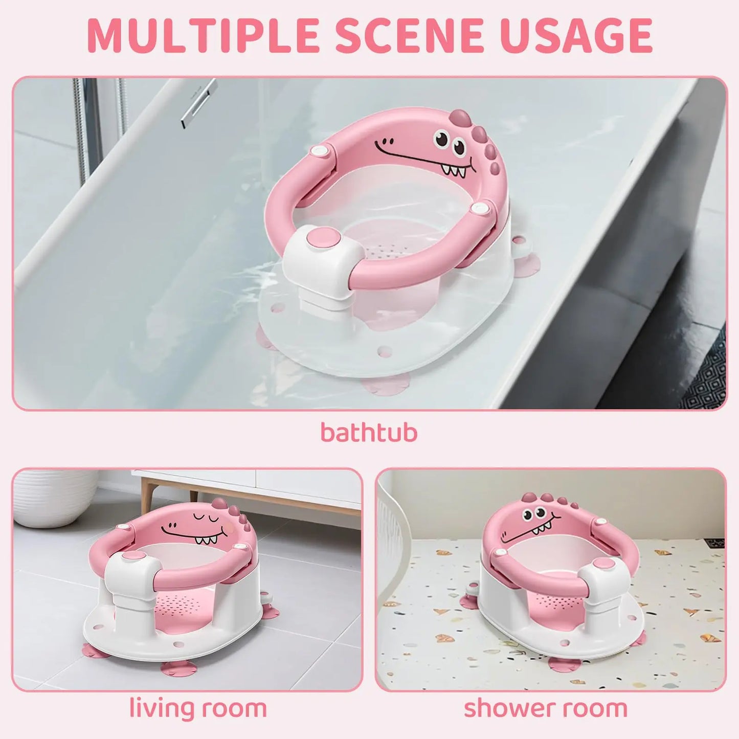 Baby Bath Seat With Non-Slip Suction Cups Dinosaur Design Harness