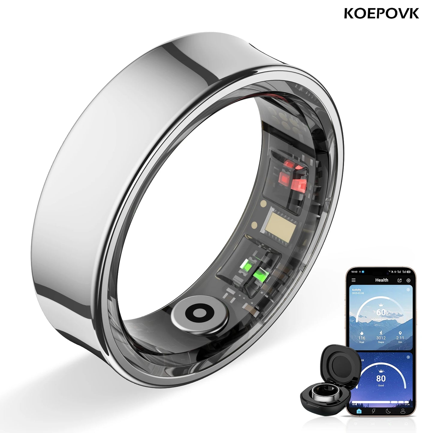 Smart ring with heart rate monitor, sleep & activity tracking, waterproof, and magnetic charging. Tracks your sleep, steps, and workouts 24/7. Stainless steel, built to last.