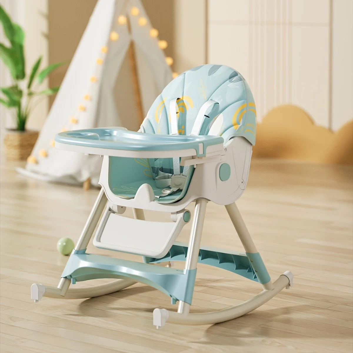 Foldable Kids High Chair With Adjustable Height And Safety Belt