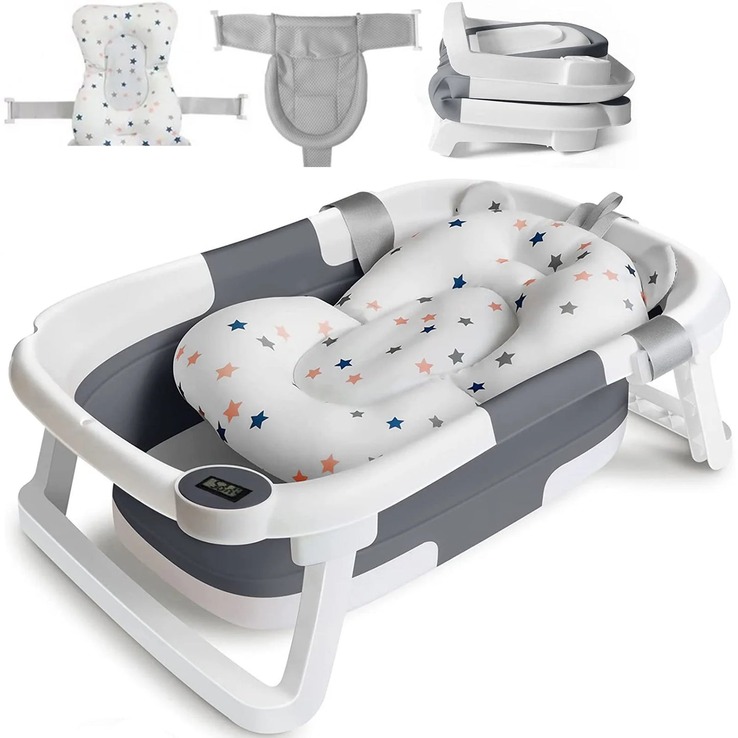 Baby Foldable Bathtub With Cushion Thermometer Shower Cap