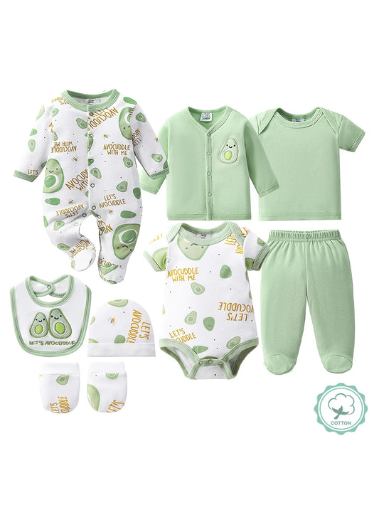 Newborn 8 Piece 100 Percent Cotton Hat Bodysuits Romper Set