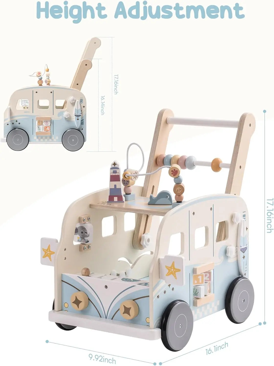 Rolife Wooden Baby Walker Push Along Activity Walker for Toddlers