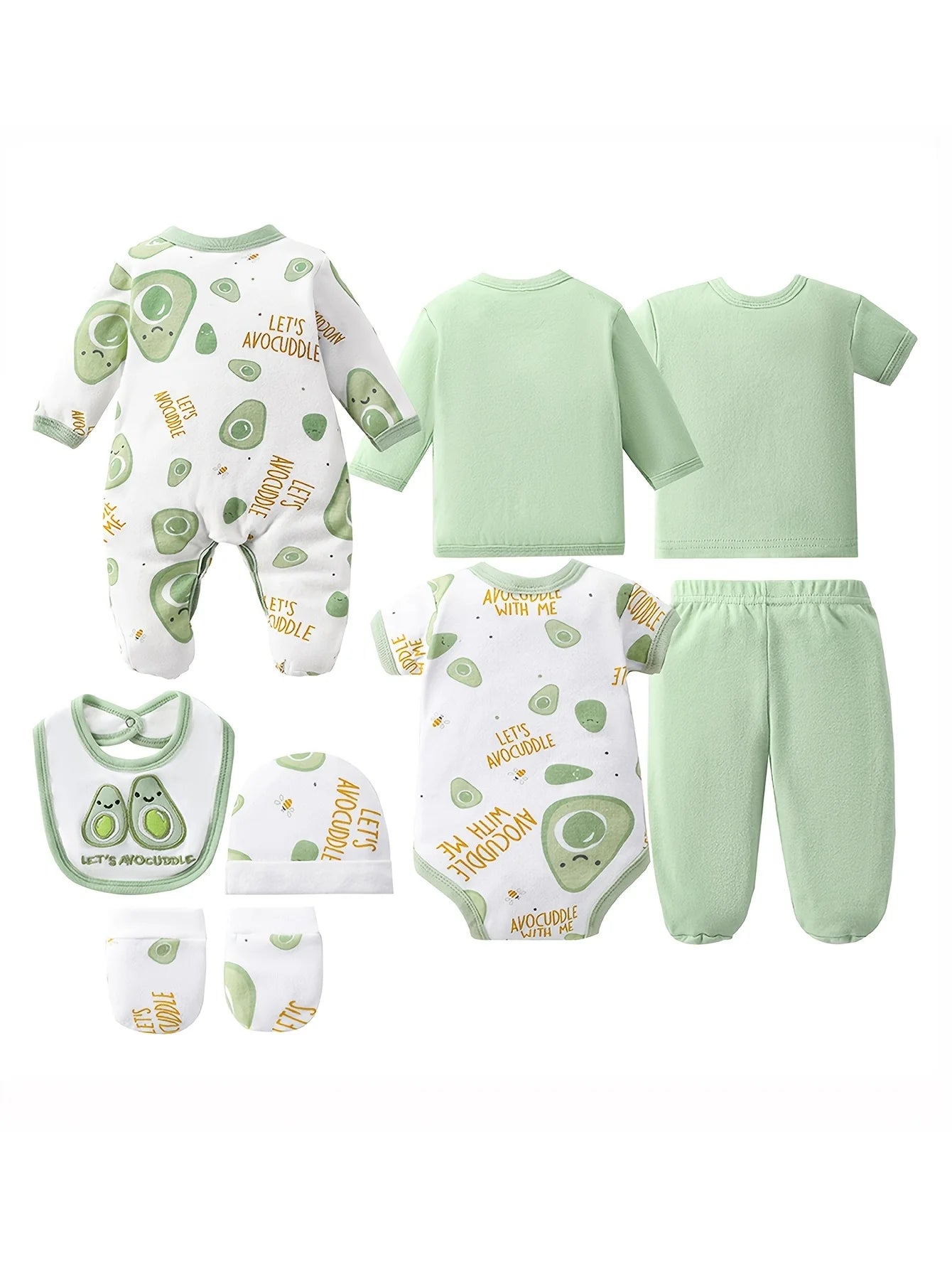 Newborn 8 Piece 100 Percent Cotton Hat Bodysuits Romper Set