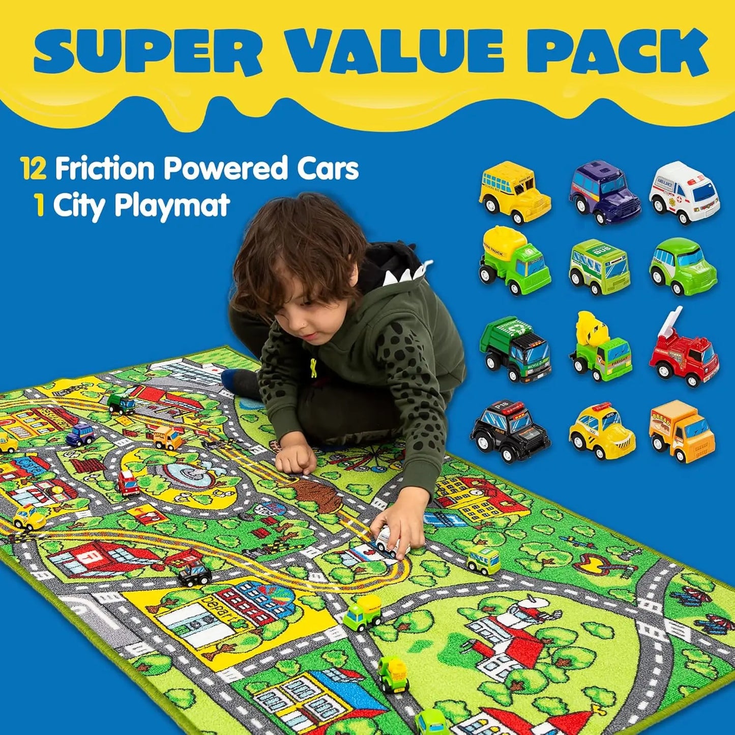 Joyfy Carpet Playmat With 12 Cars Pull Back Vehicle Set