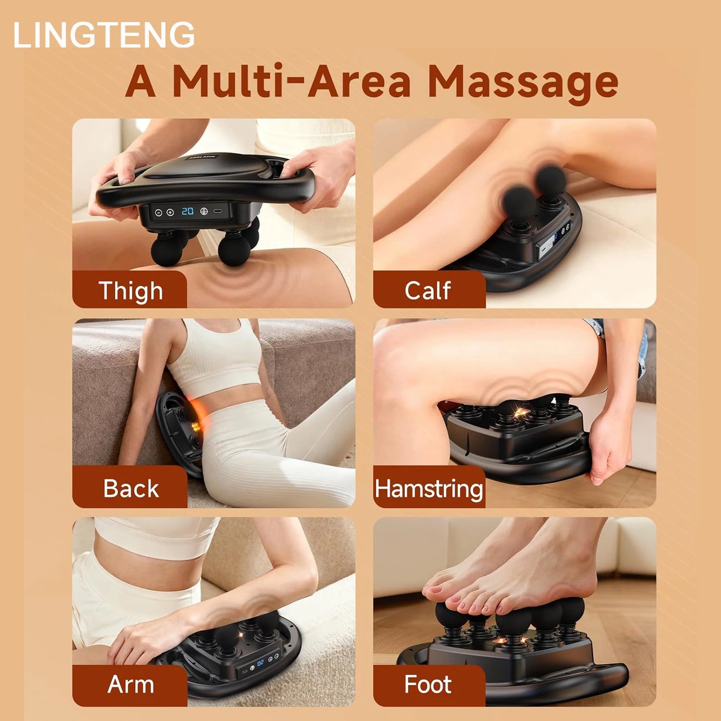 LINGTENG Deep Tissue Massage Gun With 6 Heads And 9 Intensities