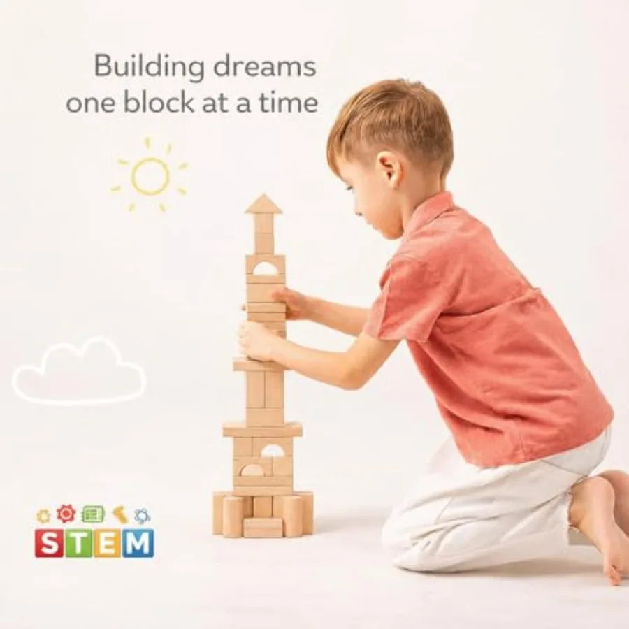Natural Beech Wood Blocks Set For Toddlers With Storage Bucket