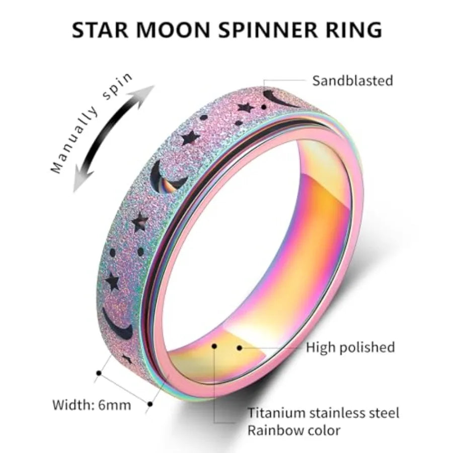 Anxiety Ring for Women Spinner Rings:Rotating Rings Stainless Steel 6mm Moon Star Anxiety for Men Band Jewelry Gift for Women S