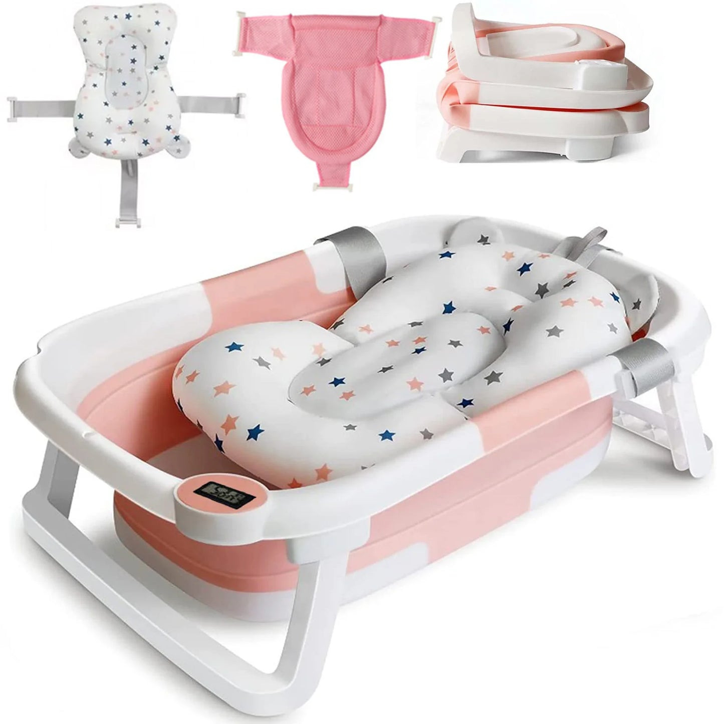 Baby Foldable Bathtub With Cushion Thermometer Shower Cap