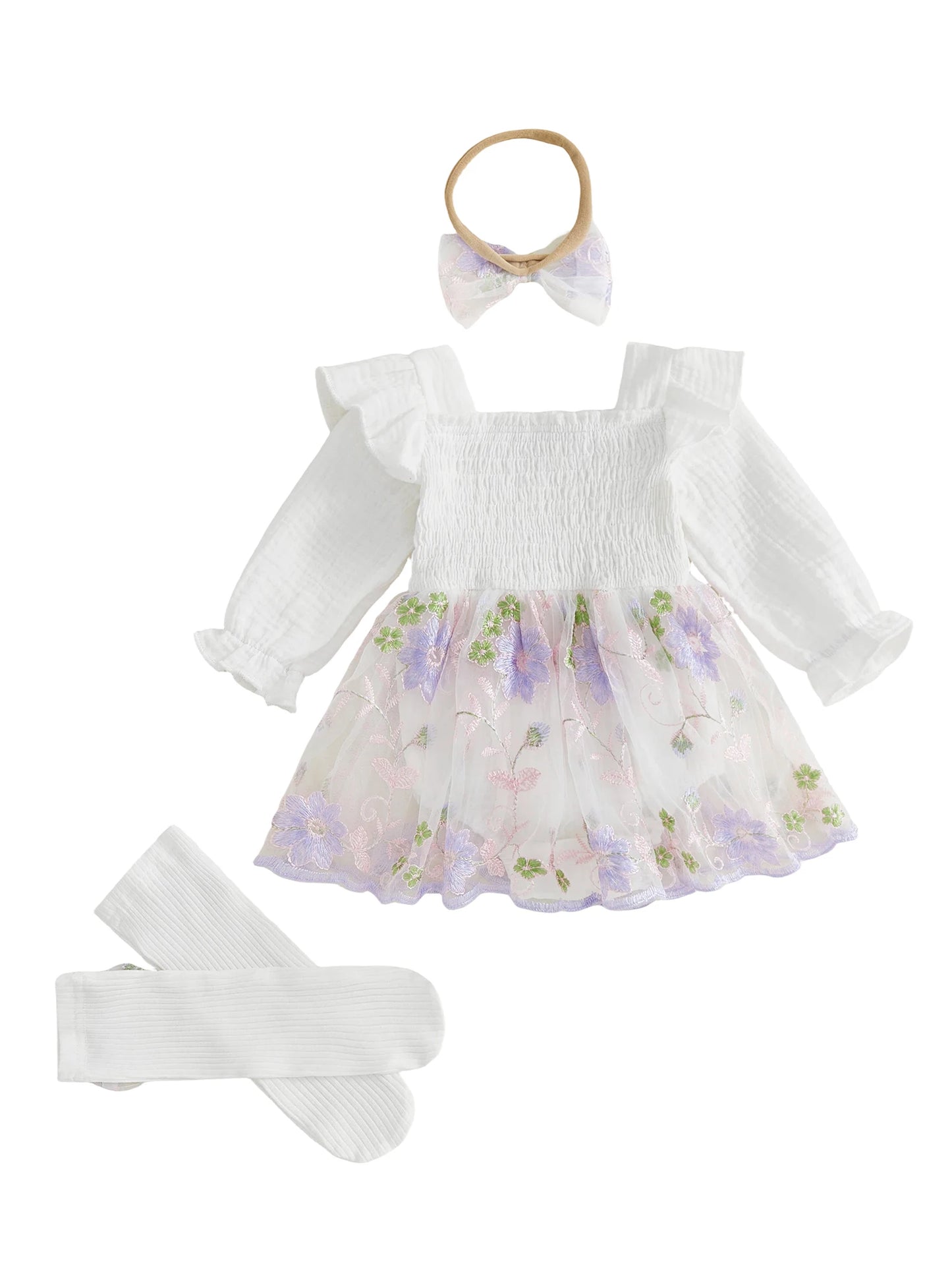 Infant Baby Girl Romper Dress With Floral Embroidery Set
