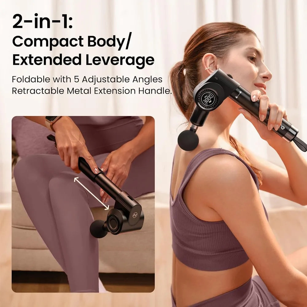Foldable Massage Gun With Extension Handle Deep Tissue Back Massager