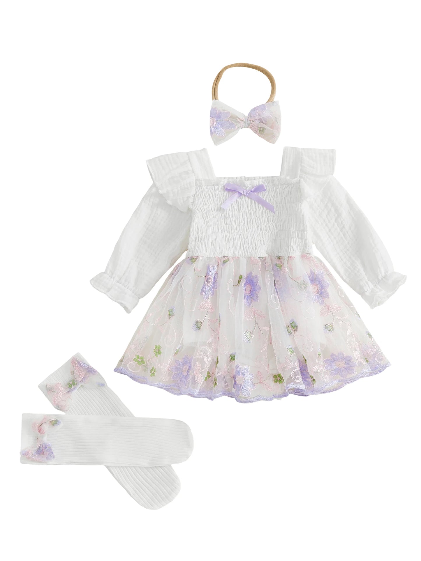 Infant Baby Girl Romper Dress With Floral Embroidery Set
