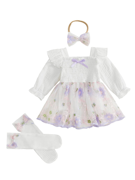 Infant Baby Girl Romper Dress With Floral Embroidery Set