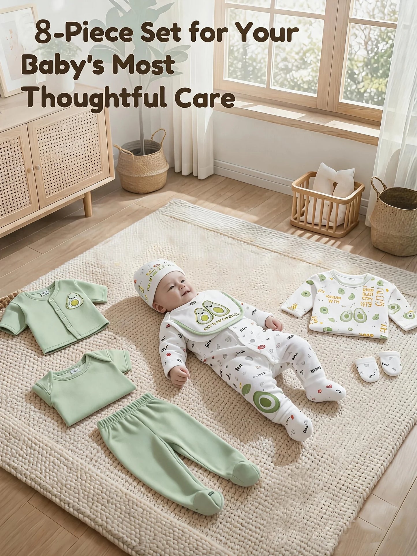 Newborn 8 Piece 100 Percent Cotton Hat Bodysuits Romper Set