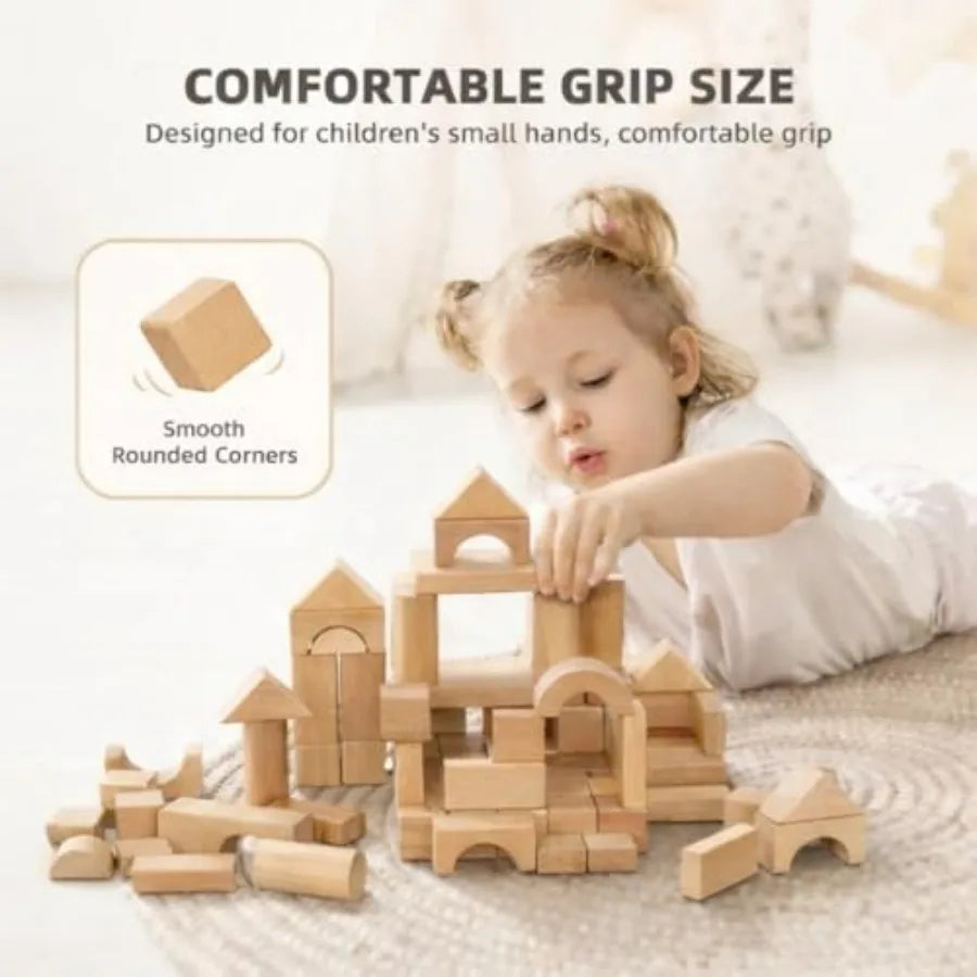 Natural Beech Wood Blocks Set For Toddlers With Storage Bucket
