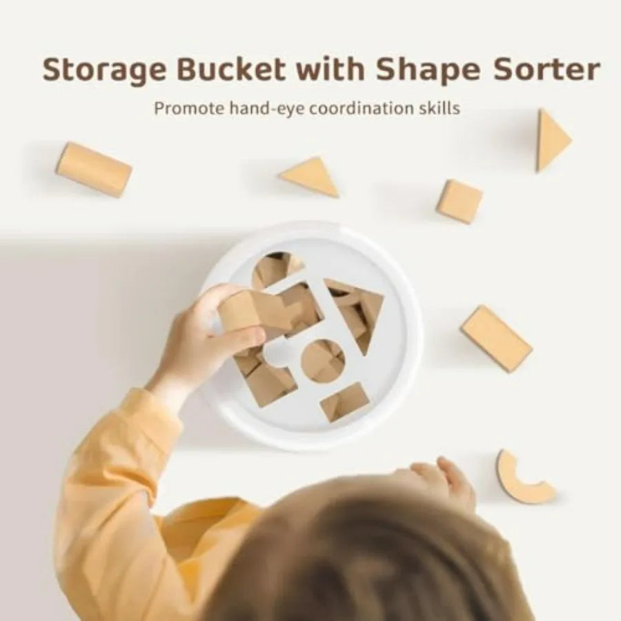 Natural Beech Wood Blocks Set For Toddlers With Storage Bucket