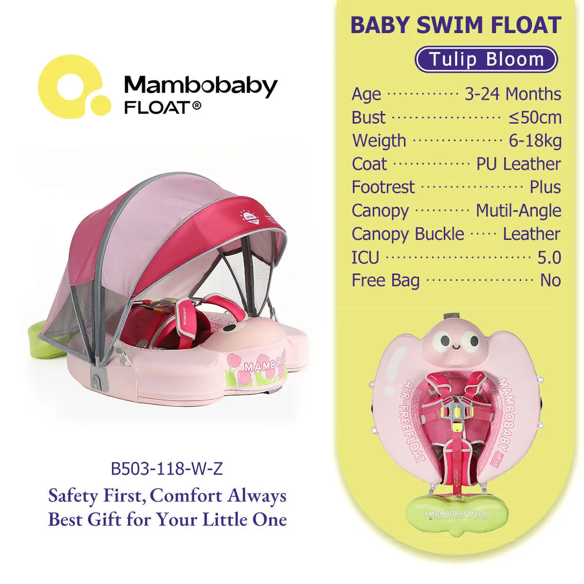 Mambobaby Baby Pool Float No Inflation Required With Removable Canopy