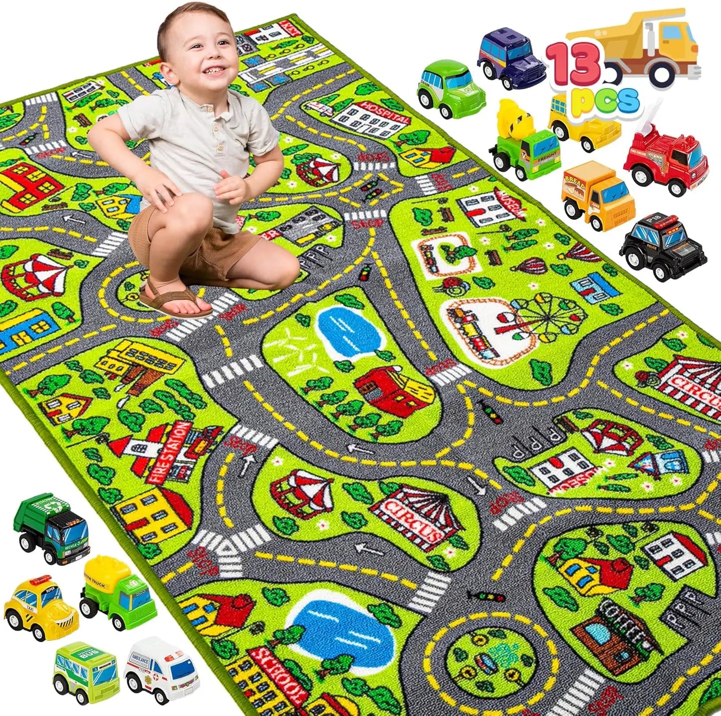 Joyfy Carpet Playmat With 12 Cars Pull Back Vehicle Set