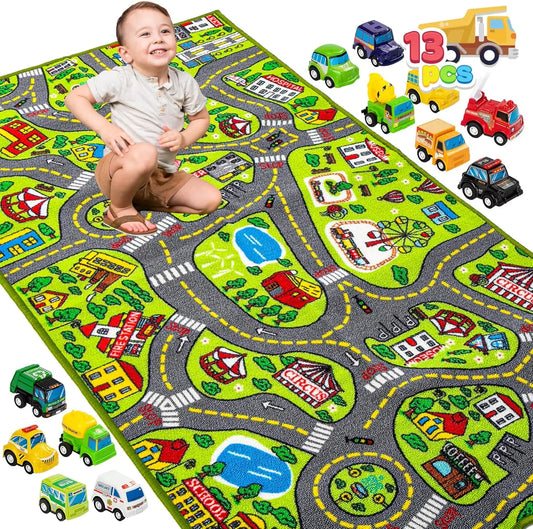 Joyfy Carpet Playmat With 12 Cars Pull Back Vehicle Set