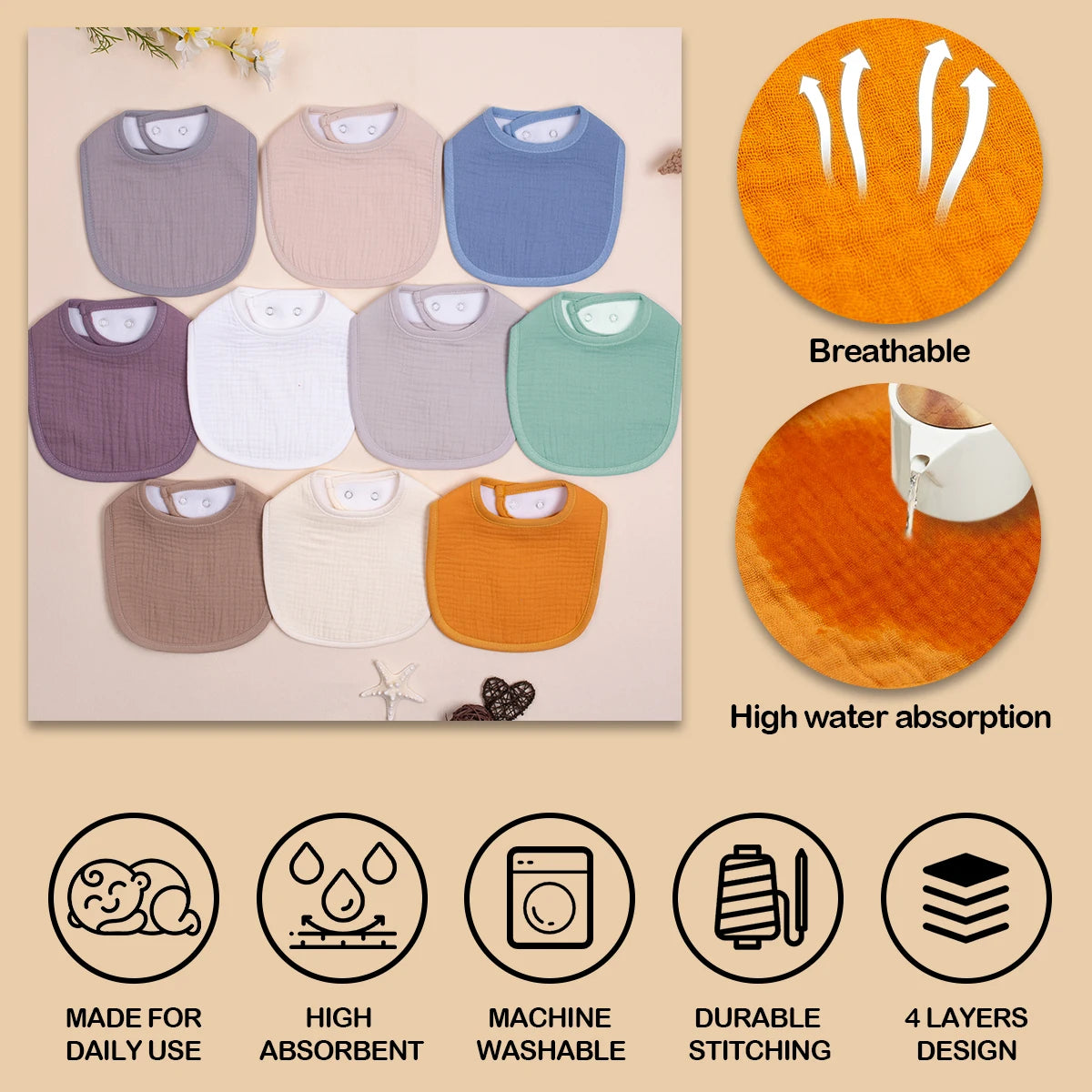 Muslin Bandana Bibs for Babies Soft Absorbent with Snaps