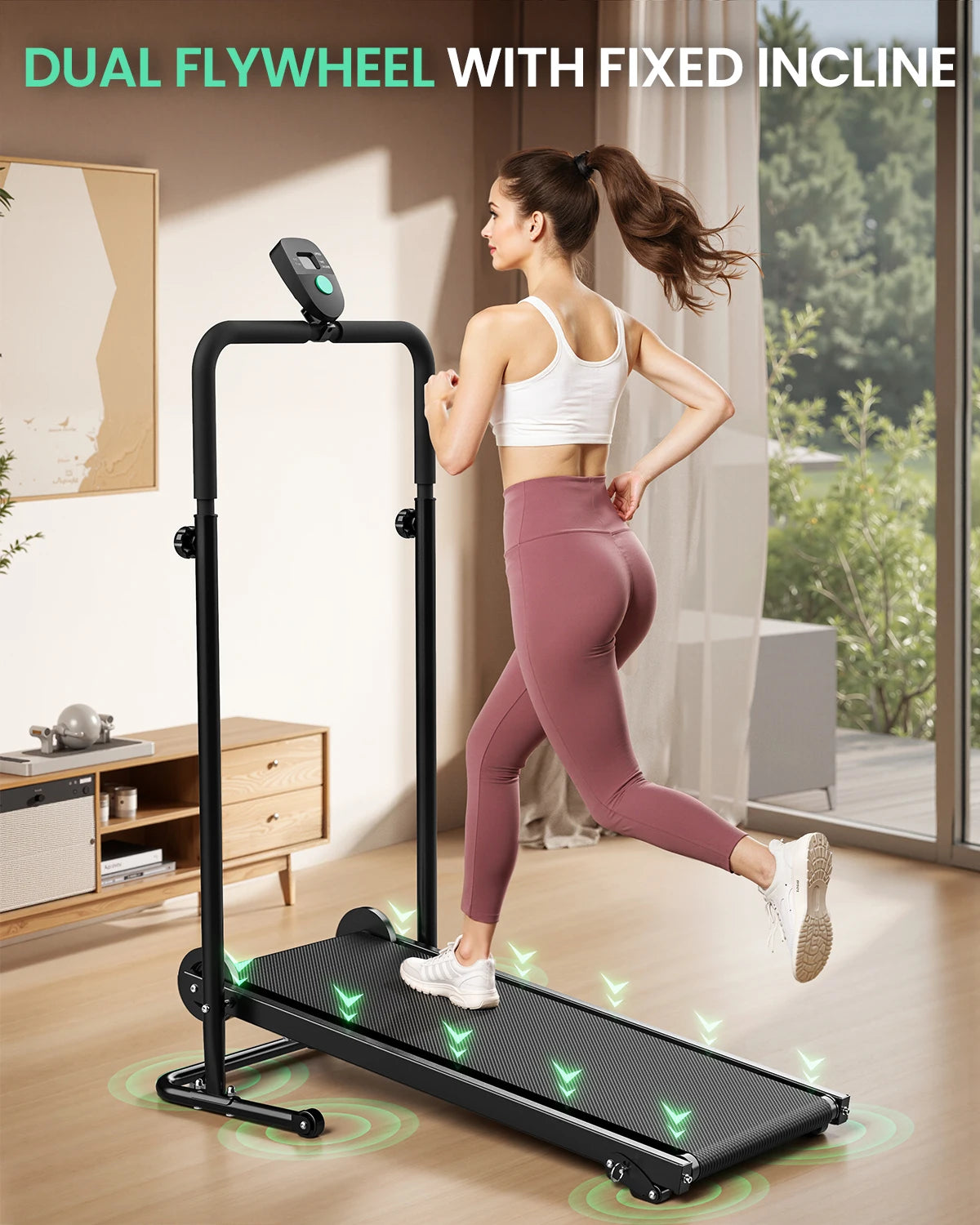 Motorless Treadmill With Dual Flywheels, Fixed Incline, LCD Monitor