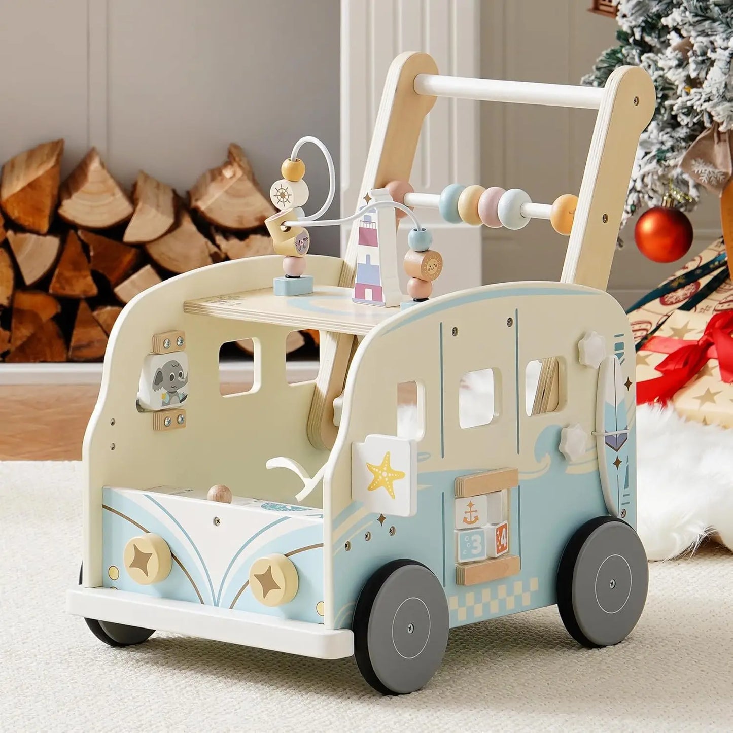 Rolife Wooden Baby Walker Push Along Activity Walker for Toddlers