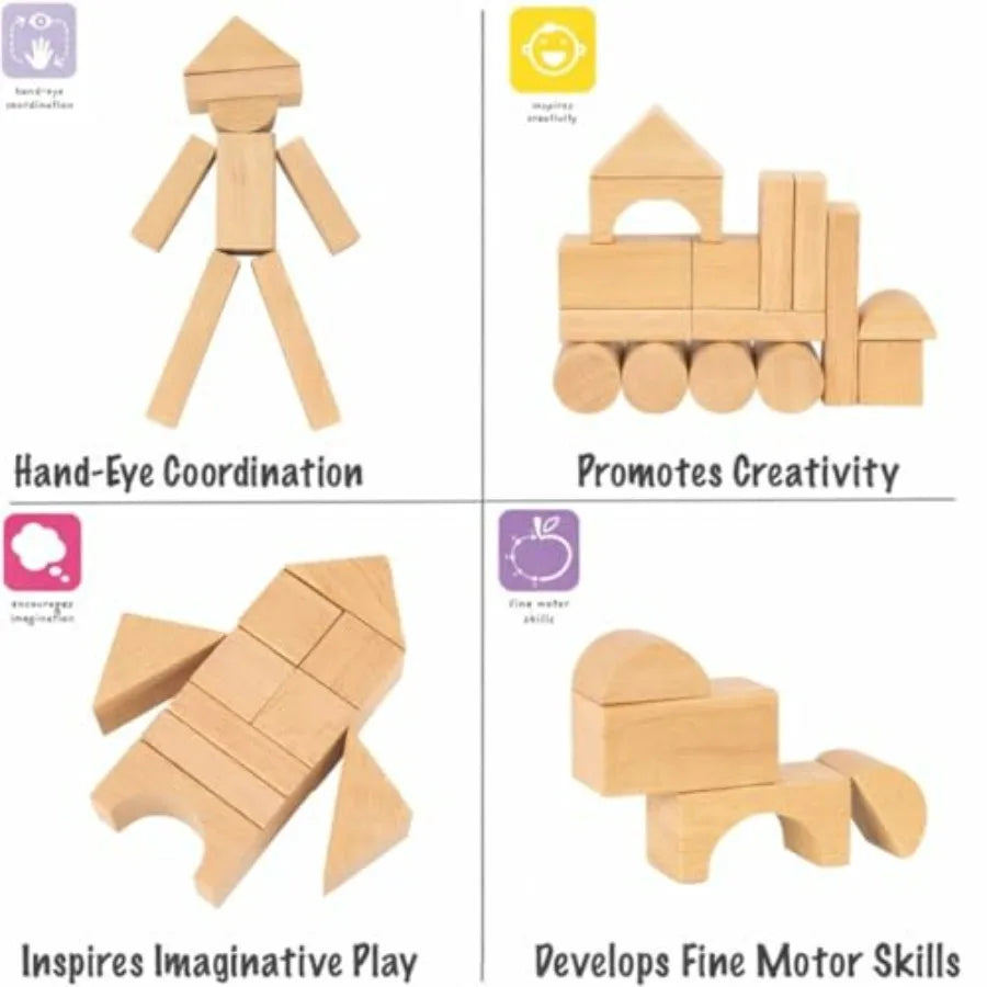 Natural Beech Wood Blocks Set For Toddlers With Storage Bucket