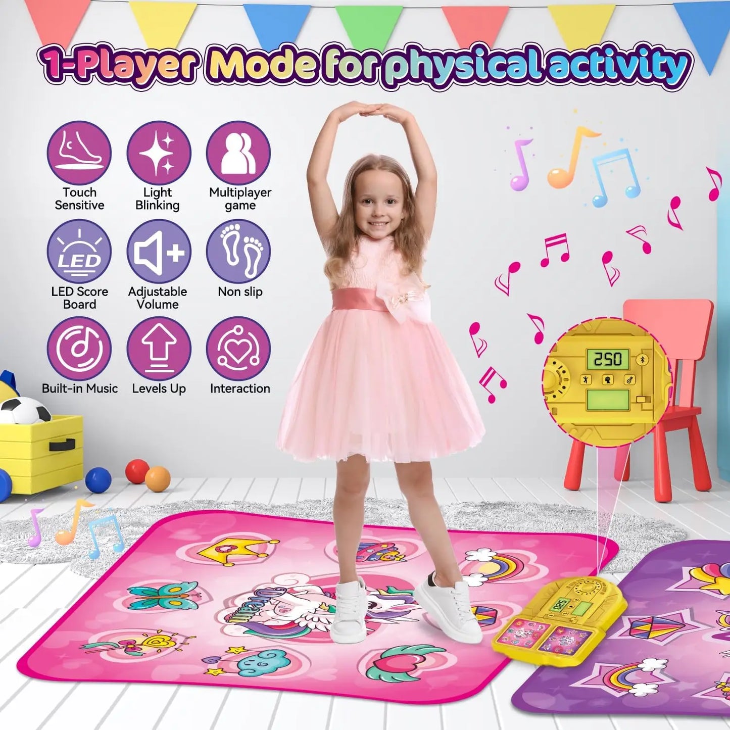VATOS Unicorn Dance Mat Twin Pack For Kids 9 Level Dancing Game