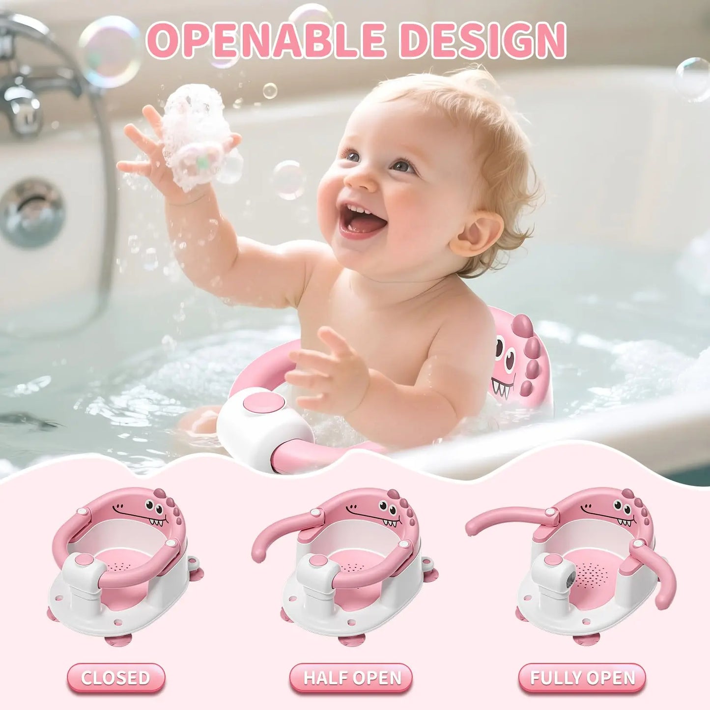 Baby Bath Seat With Non-Slip Suction Cups Dinosaur Design Harness