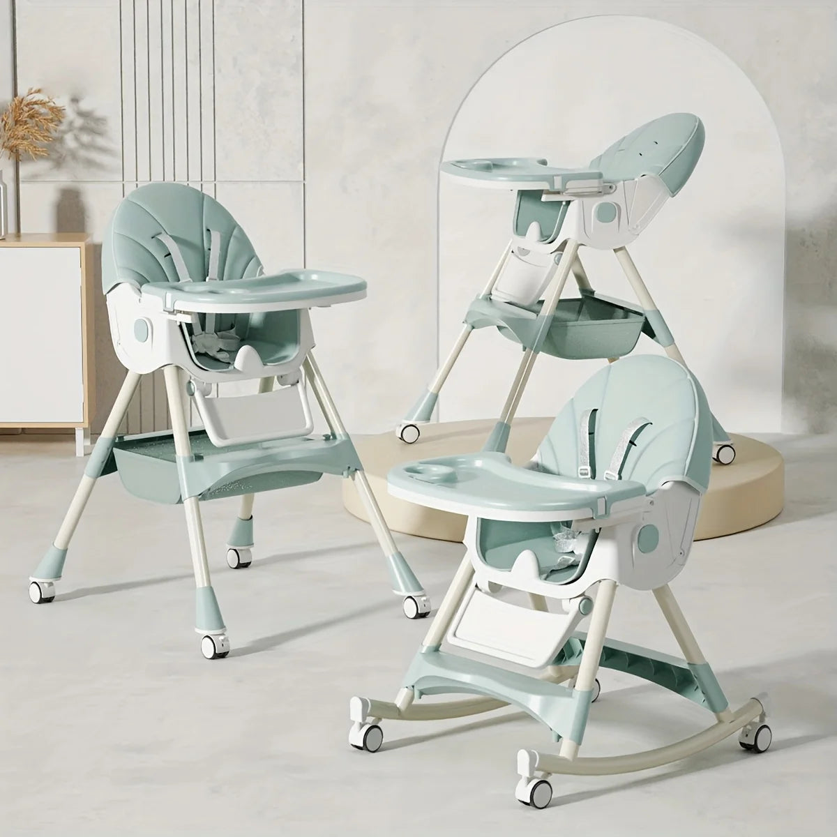 Foldable Kids High Chair With Adjustable Height And Safety Belt