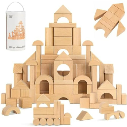 Natural Beech Wood Blocks Set For Toddlers With Storage Bucket