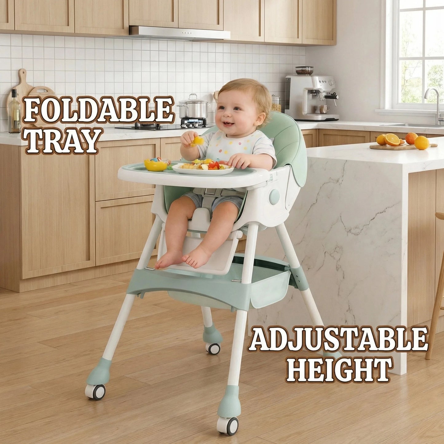 Foldable Kids High Chair With Adjustable Height And Safety Belt