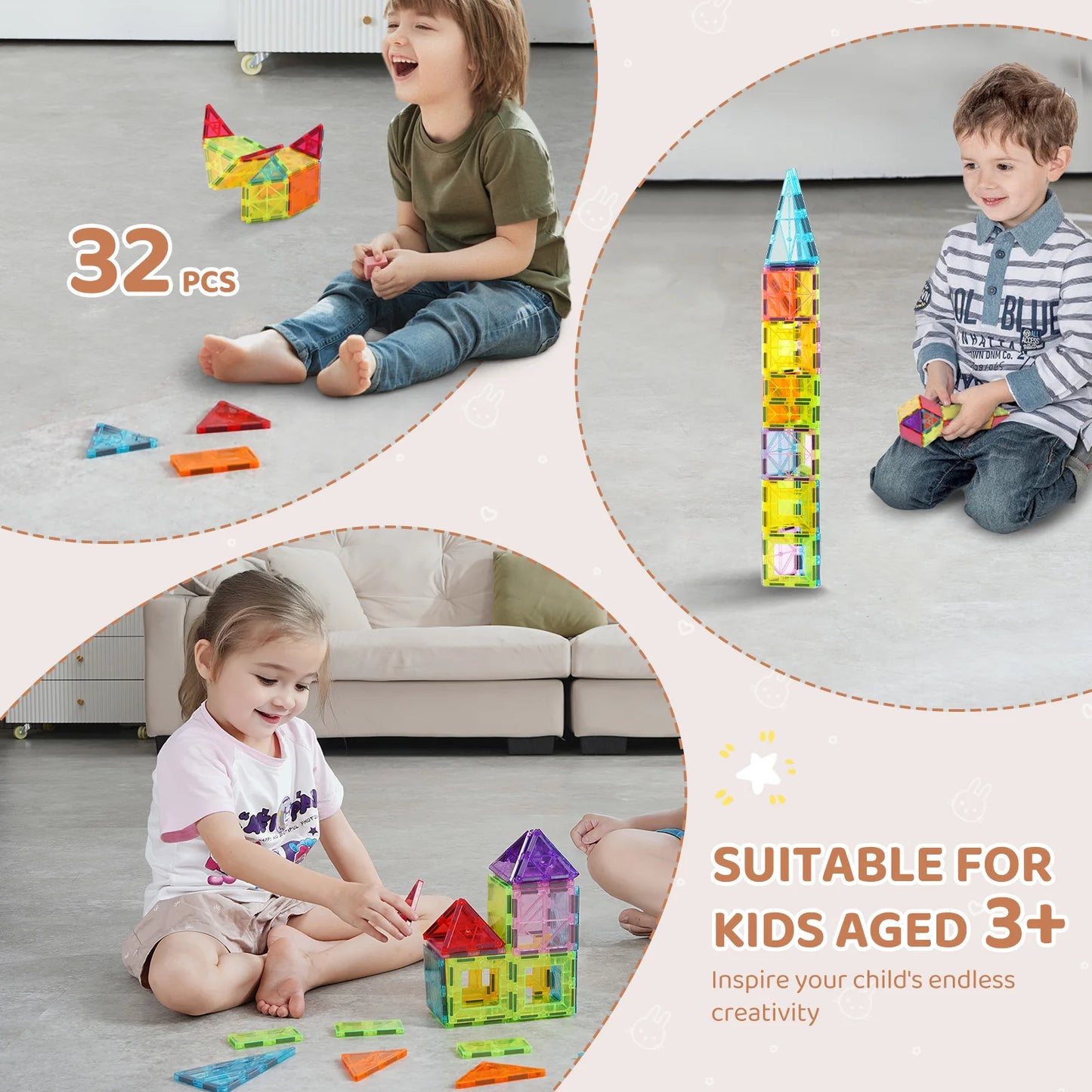 SucceBuy 32PCS Light Magnetic Tiles STEM Building Blocks Set