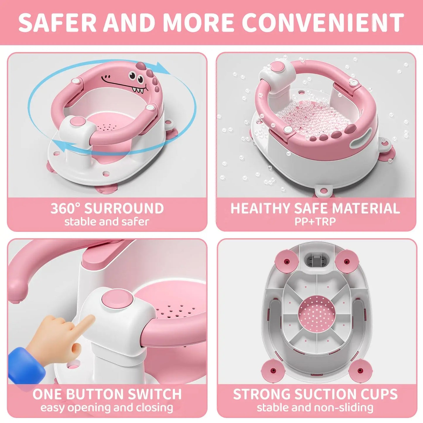 Baby Bath Seat With Non-Slip Suction Cups Dinosaur Design Harness