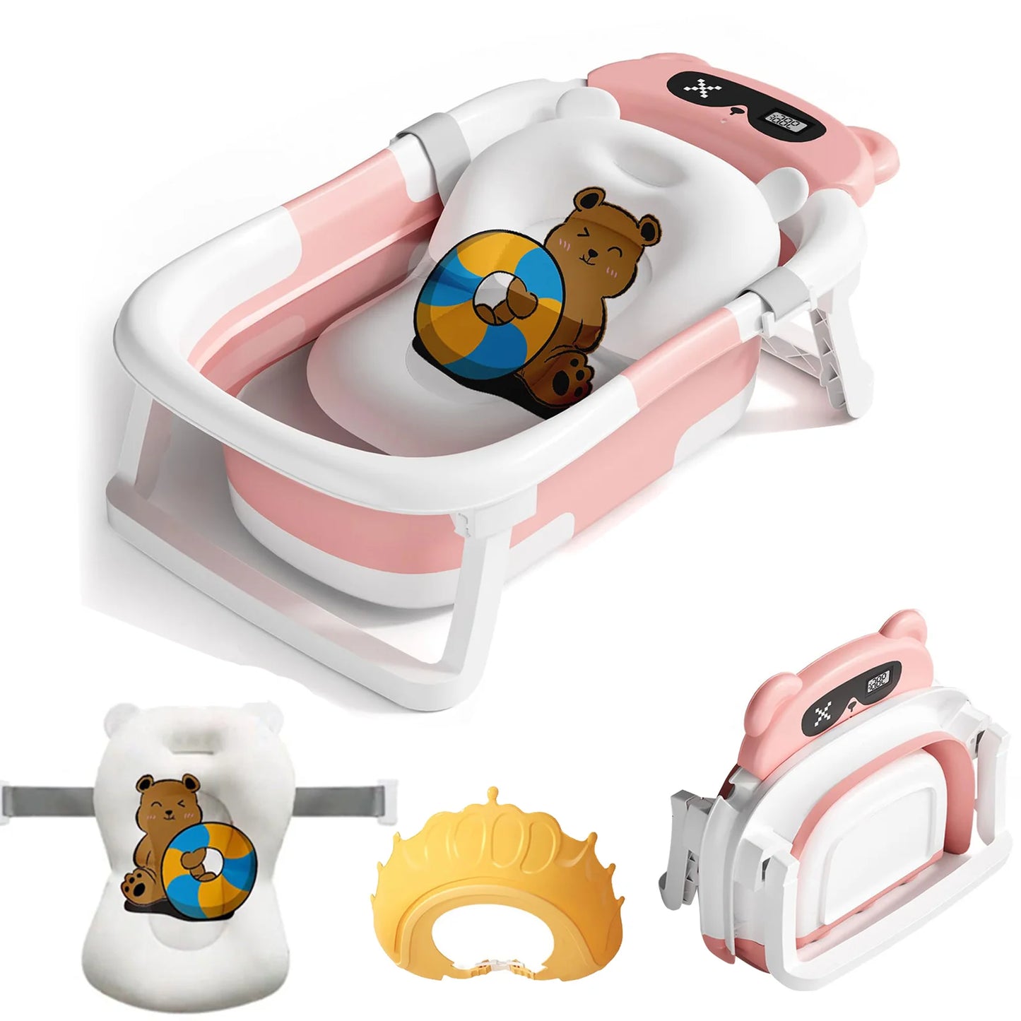 Baby Foldable Bathtub With Cushion Thermometer Shower Cap