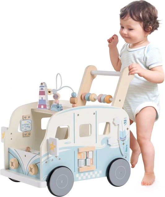 Rolife Wooden Baby Walker Push Along Activity Walker for Toddlers