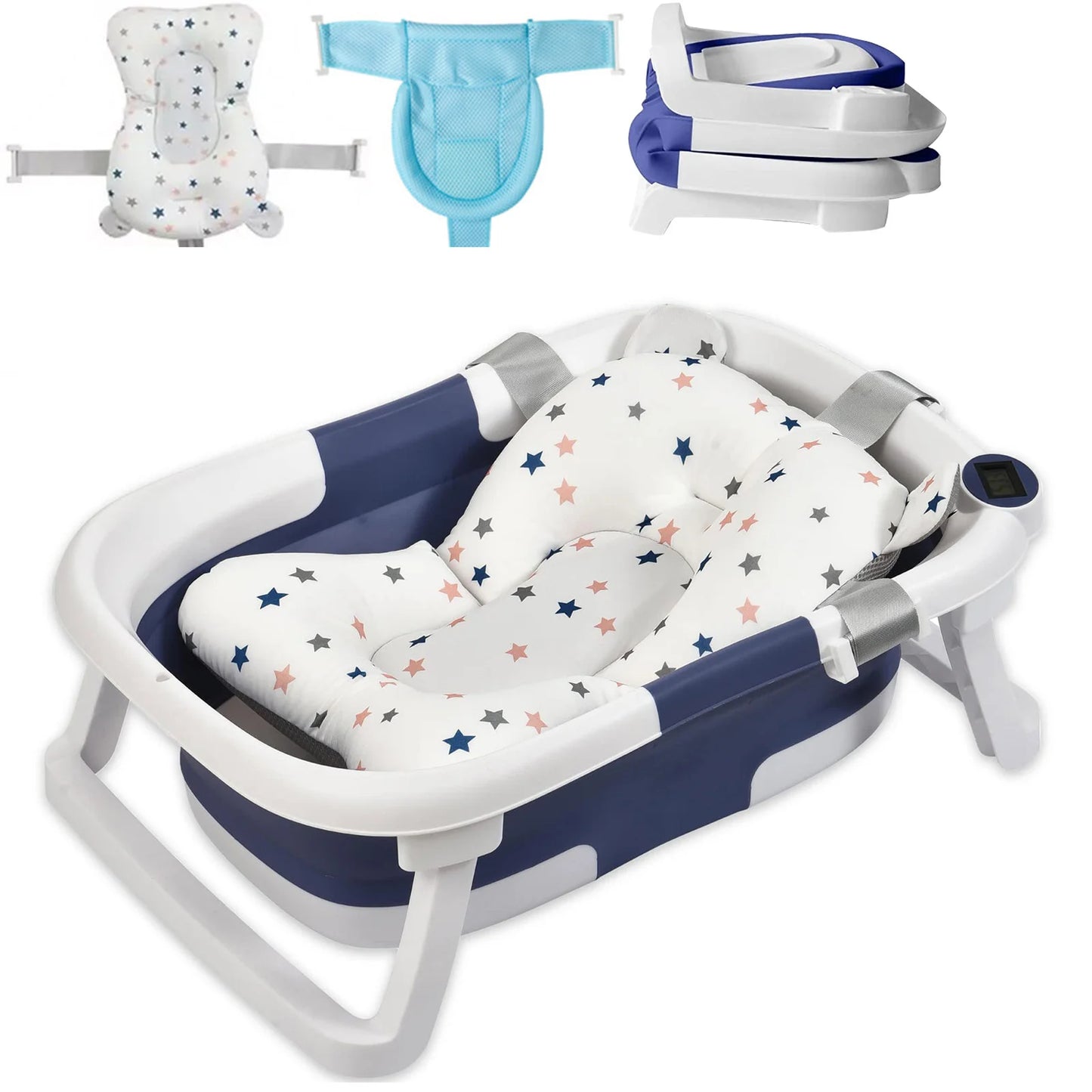 Baby Foldable Bathtub With Cushion Thermometer Shower Cap